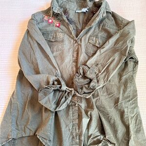 Nostalgia Olive Green Embroidered Shirt with Burgundy Floral Stitching